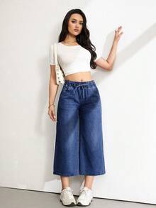 SHEIN Tall Tall Women's Waist Tie Pocket Wide Leg Loose Cropped Navy Blue Jeans Travel Summer Casual - Dark Wash - View 7