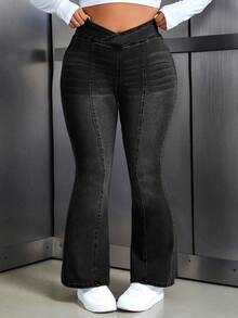 Flexra Plus Size Women's Fashion Casual Flare Jeans - Black - View 10