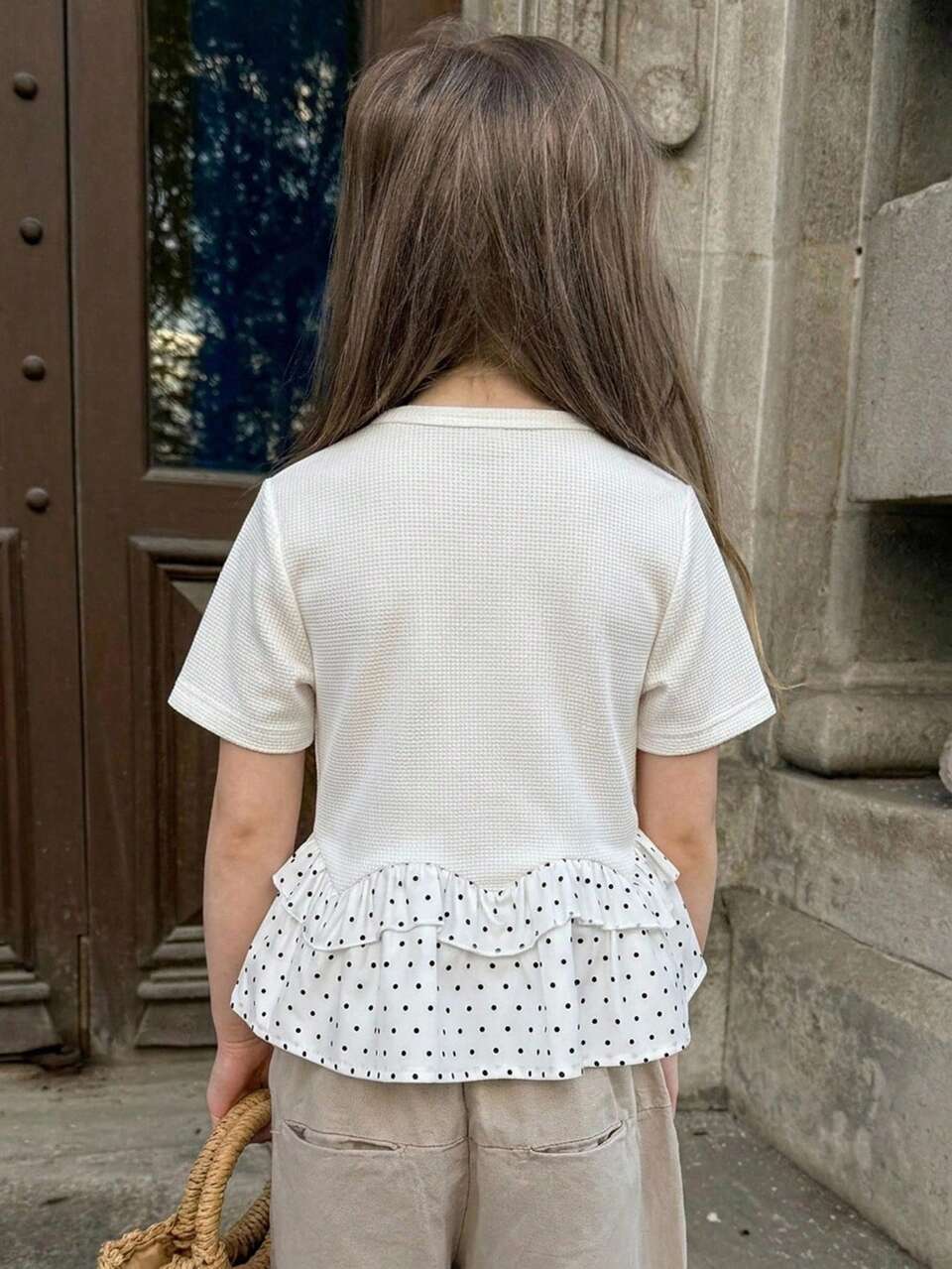 Round Neck Polka Dot Patchwork Short Sleeve Cute Young Girls Blouse