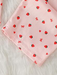 SHEIN Genkimix Kids 女童草莓印花長袖上衣與長褲套裝居家服 - 珊瑚粉 - 查看 5
