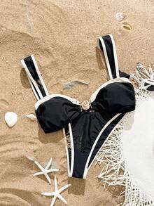 Swim SXY 2pcs Set Plain Color Summer Bestselling Fashion High-Cut Split Bikini Swimsuit & Beach Vacation Set - Multicolor - View 4