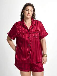 Slumbrini Plus Size Striped Jacquard Faux Silk Red Elegant Heart & Word Embroidered Short Sleeve Top & Shorts Robe Sleepwear Set Halloween Lingerie,Red - Red - View 1