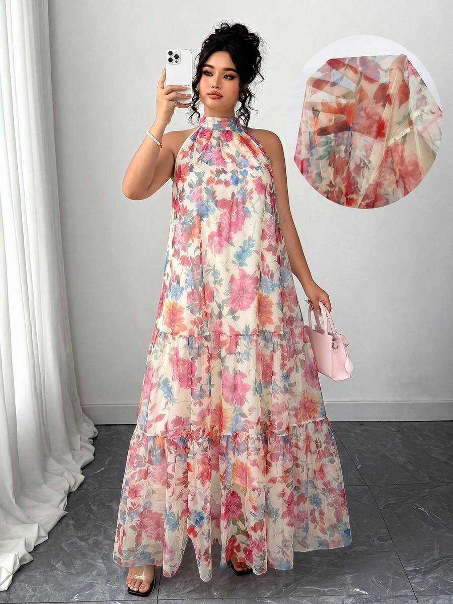 Elenzga 大尺碼女款法式優雅掛脖水彩花卉印花無袖雙層網紗長款海灘度假仙女裙 - 彩色 - 查看 1
