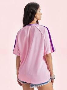 SHEIN X Care Bears Women's Letter Print V-Neck Raglan Short Sleeve T-Shirt, - Mauve Purple - View 2