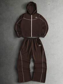 Coolqubz 2pcs Men's Teen Street Style Baggy Minimalist Hooded Open Front Knit Cardigan Pants Set, Contrast Color Design, Casual Sports Fall Beach - Coffee Brown - View 1