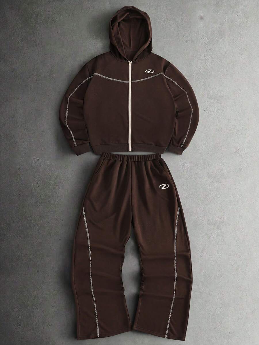 Coolqubz 2pcs Men's Teen Street Style Baggy Minimalist Hooded Open Front Knit Cardigan Pants Set, Contrast Color Design, Casual Sports Fall Beach - Coffee Brown - View 1