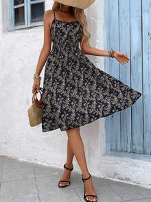 SHEIN LUNE Vacation Casual Ditsy Floral Spaghetti Strap Dress - Black - View 4