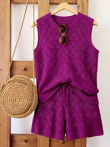 Franclia Plus Size Women Solid Color Casual Loose Round Neck Knit Tank Top Hollow Out Shorts 2-Piece Set Beach Formal Vacation Spring/Summer Versatile Outfit - Hot Pink - View 1
