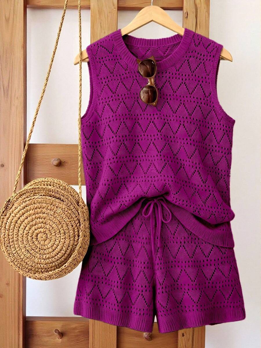 Franclia Plus Size Women Solid Color Casual Loose Round Neck Knit Tank Top Hollow Out Shorts 2-Piece Set Beach Formal Vacation Spring/Summer Versatile Outfit - Hot Pink - View 1