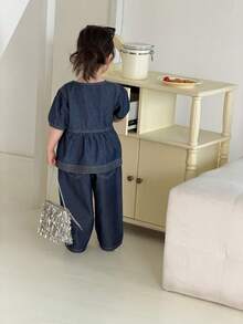 DAZY Set Denim Kasual Gaya Korea Leher Bulat untuk Bayi/Balita (Perempuan) - Medium Wash - View 2