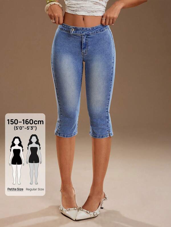 SHEIN PETITE Damnsmala cropped jeans i denim med låg midja