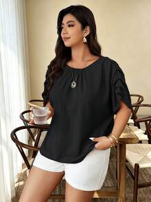 Weeklong Blusa casual holgada para mujer talla grande, primavera/verano, cuello redondo, mangas conectadas con fruncido y Body fruncido - Negro - Ver 3