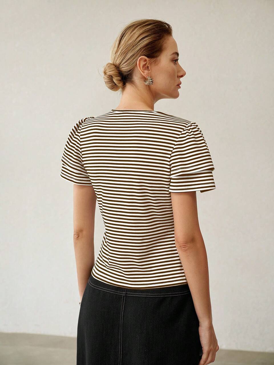 WOMEN'S CASUAL DOUBLE LAYER RUFFLE SLEEVE ROUND NECK STRIPED T-SHIRT