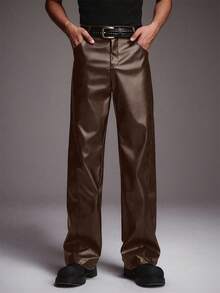 STYNVO Men's Fashion Commuter PU Leather Straight Leg Pants - Brown - View 5
