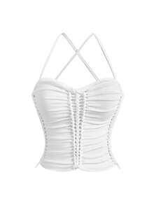 ROMWE Débardeur femme Y2K printemps/été, taille cintrée, cordon de serrage, ajouré, sexy, couleur unie, minimaliste - Blanc - Voir 1