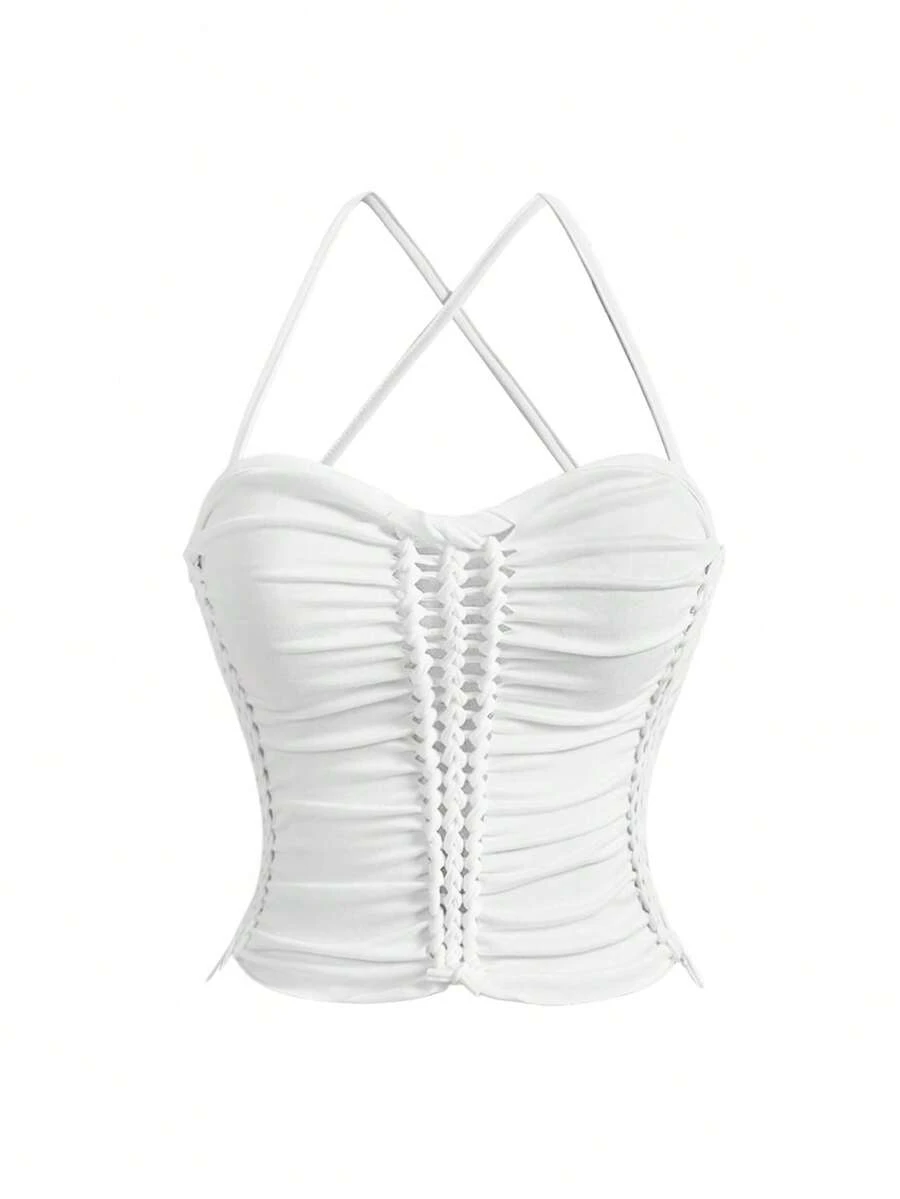 ROMWE Débardeur femme Y2K printemps/été, taille cintrée, cordon de serrage, ajouré, sexy, couleur unie, minimaliste - Blanc - Voir 1