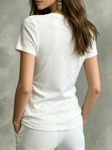 Glimmora Shiny Rhinestone Embellished Fashionable Minimalist Women's Drawstring Waist T-Shirt, Gift For Friends - White - View 2