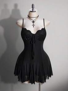 SHEIN ICON 女款大尺碼蕾絲拼接黑色細肩帶洋裝 - 黑色 - 查看 3