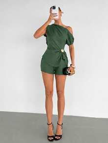 Siren Gaze Women's Summer New Asymmetrical Shoulder Pleated Metal Decor Asymmetric Hem Top And Shorts Set Going Out Party Army Green Elegant Sexy - Green - View 6