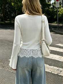 SHEIN PariChic French Elegant White Lace Patchwork Split Bell Sleeve Knit Slim Fit 2 In 1 Long Sleeve Women's Base Layer Top - White - View 2