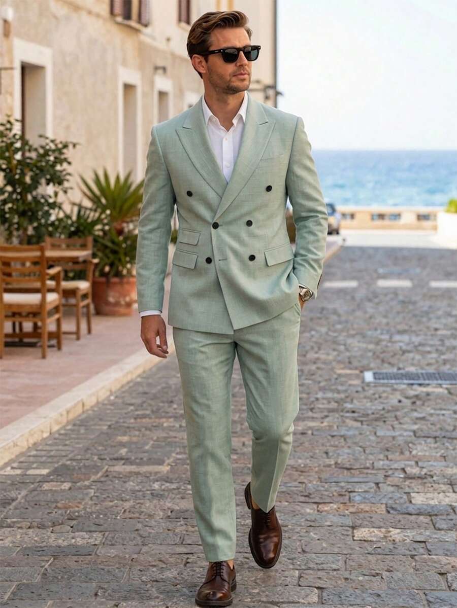 Manfinity Mode Men's Casual Versatile Double-Breasted Suit Jacket And Pants Set - Green - View 1