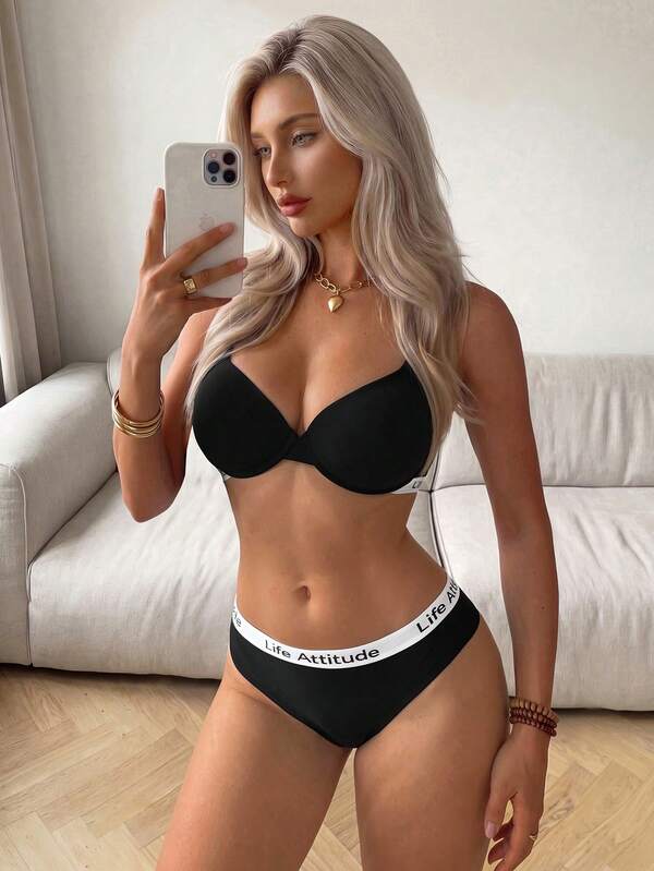 SuitURBody Women's Letter Print Colorblock Spaghetti Strap Bra And Triangle Panty Casual Daily Lingerie Set