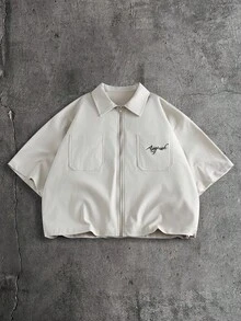 AXEPEAK 男士夏季休閒字母刺繡襯衫 - 杏色 - 查看 7