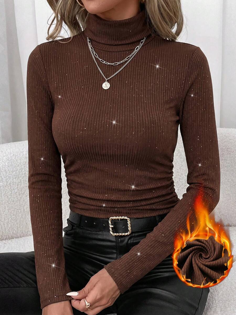 Editum Women's Solid Color High Neck Long Sleeve Glitter Slim Fit T-Shirt - Black - View 1