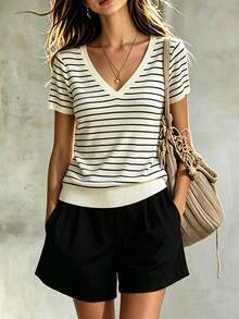 SHEIN LUNE Women's Fashionable Versatile Striped V-Neck Short Sleeve T-Shirt And Casual Coastal Shorts 2-Piece Set Vacation Black And White Summer - Multicolor - View 3
