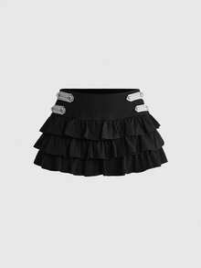 ROMWE Y2K Rok Wanita Vintage Napoleon dengan Desain Gesper Logam dan Anyaman Blok Warna, Hem Bergelombang, dan Pinggang Sangat Rendah - Hitam - View 1
