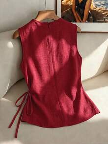 Franclia Blusa casual elegante para mujer para ir al trabajo sin mangas con textura de lino sintético, anudada al frente y plisada - Burdeos - Ver 2
