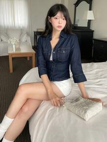 DAZY Women's Turn-Down Collar Washed Elegant Korean Style Casual Denim Top Fall - Blue - View 6