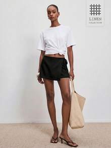 ATUI Studio Women's Solid Color Side Waist Tie Casual Skort Shorts Vacation Plain Black Summer - Black - View 1