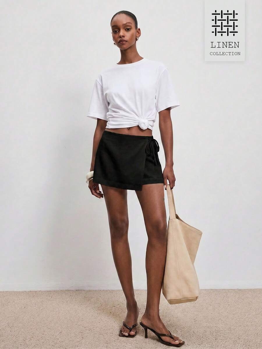 ATUI Studio Women's Solid Color Side Waist Tie Casual Skort Shorts Vacation Plain Black Summer - Black - View 1