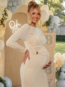Loomaby Maternity Solid Color Pleated Metal Decor Casual Party Babyshower Photoshoot Travel Dress Gender Reveal Wedding Birthday Autumn - Khaki - View 5