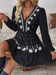 SHEIN Holidaya 女士时尚波西米亚深 V 刺绣迷你连衣裙 - 黑色 - 查看 7