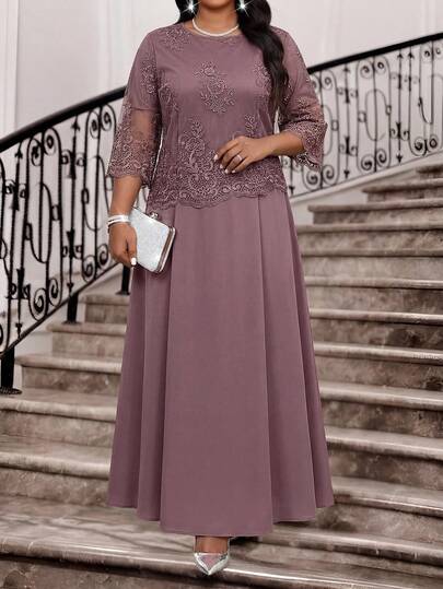 Fleurora Vestido elegante de talla grande para mujer con cuello redondo, manga 3/4 y encaje en contraste para otoño