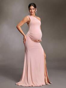 Cheriluna Maternity Elegante vestido de maternidad de un solo hombro para sesión de fotos, vestido largo de noche ajustado de tela brillante con abertura, para sesión de fotos de baby shower, fucsia rosa, verano - Rosa - Ver 6