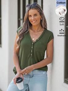 SHEIN LUNE Women's Casual Summer Vacation Commute Daily Basic Fashion Outing Outfit Short Sleeve V-Neck T-Shirt - Green - View 8