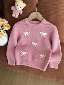 SHEIN 女童圓領粉色毛衣，3D刺繡白色蝴蝶結，柔軟針織套頭上衣，可愛甜美簡約長袖，適合秋冬居家、外出、派對、拍照、戶外玩耍 - 粉色 - 查看 7