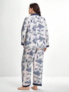 Slumbrini 大码撞色领热带植物动物印花曲线睡衣套装，秋冬服装，舒适套装 - 藍色 - 查看 2