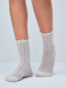 Softvol 1 Pair Polka Dot Ruffle Trim Ankle Socks - Japanese Lace Edge Mid-Calf Socks, Create Versatile School Girl Style - White - View 6