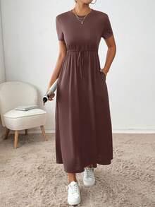 SHEIN Essnce 1 件女士纯色系带连衣裙，简约时尚休闲日常穿着 - 紫紅色 - 查看 3