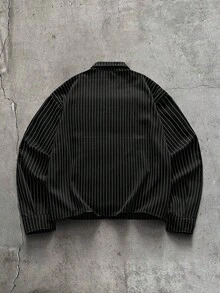 AXEPEAK 男士字母刺繡條紋長袖單排扣休閒口袋襯衫 - 黑色 - 查看 2