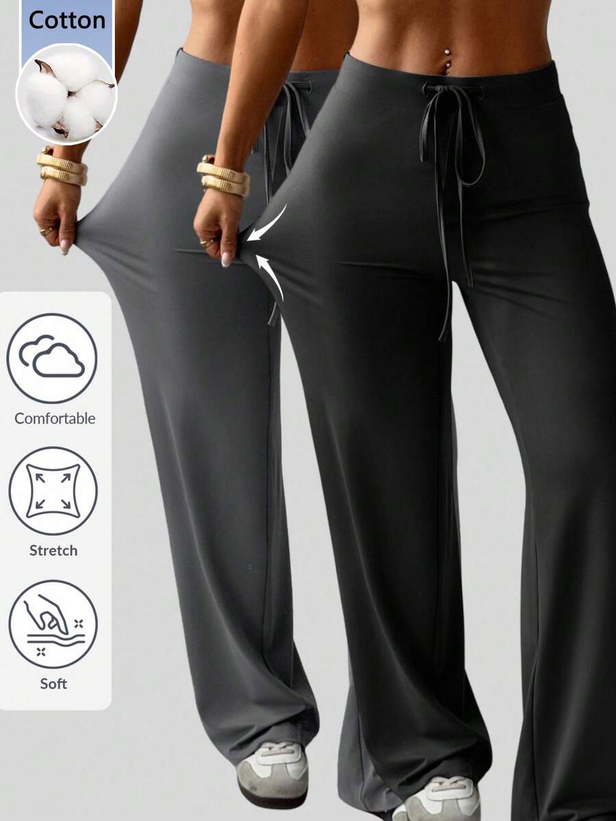SHEIN EZwear 2pcs Women's Drawstring Waist Casual Versatile Daily Wear Long Pants Everyday Charcoal Gray Summer - Multicolor - View 1