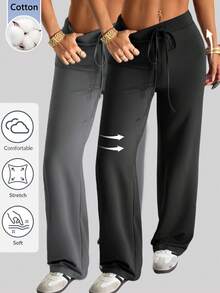 SHEIN EZwear 2pcs Women's Drawstring Waist Casual Versatile Daily Wear Long Pants Everyday Charcoal Gray Summer - Multicolor - View 4