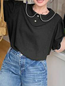 Dazy Plus Colorblock Peter Pan Collar Fitted Short Sleeve College Style Casual Black Spring/Summer T-Shirt - Black - View 5