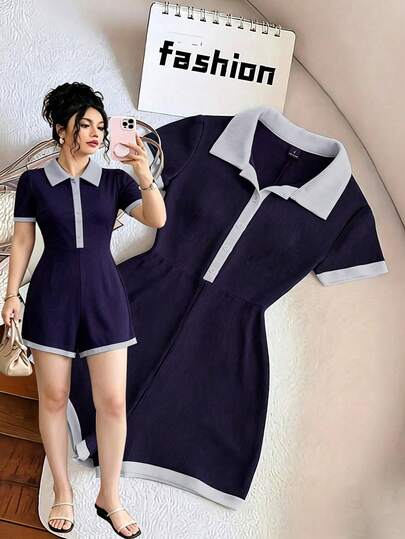 Franclia Plus Size Women's Summer Casual Vintage Minimalist Elegant Solid Color Knit Slim Fit Shirt Collar Half-Open Front Short Sleeve Cropped Jumpsuit