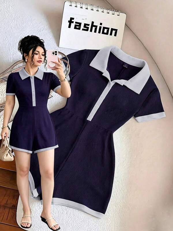Franclia Plus Size Women's Summer Casual Vintage Minimalist Elegant Solid Color Knit Slim Fit Shirt Collar Half-Open Front Short Sleeve Cropped Jumpsuit