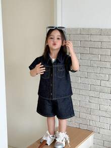 Dazy Kids Baby Girls' Collared Short Sleeve Shirt & Loose Denim Shorts Set Summer - Blue - View 4